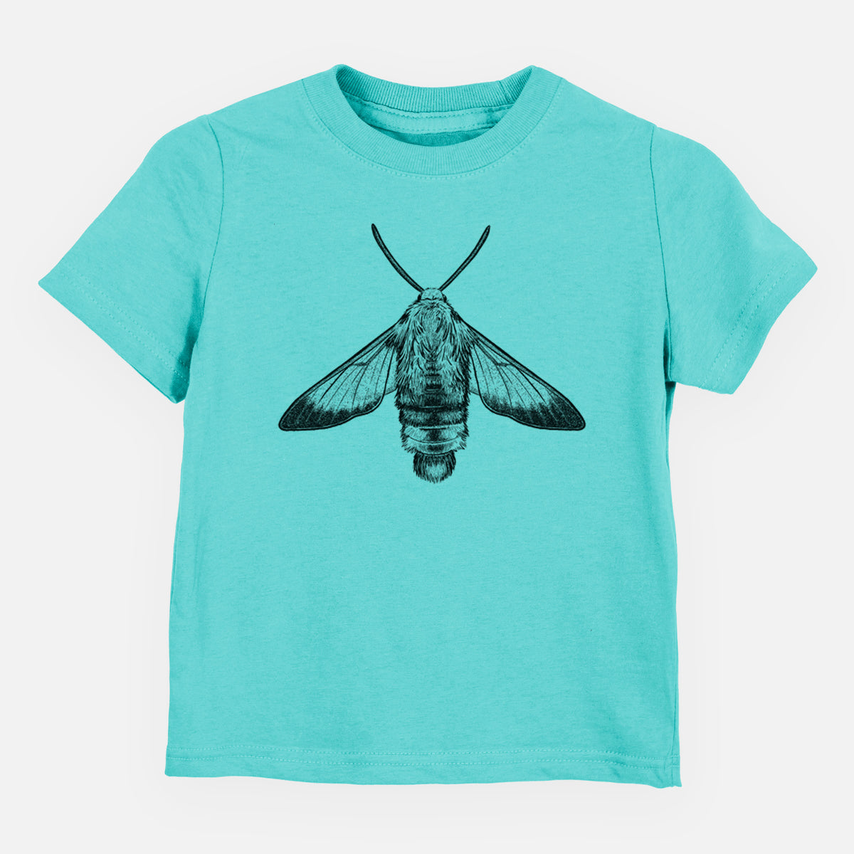 Caribbean blue toddler t-shirt laid flat, printed with a detailed black ink illustration of a snowberry clearwing moth, seen from above.