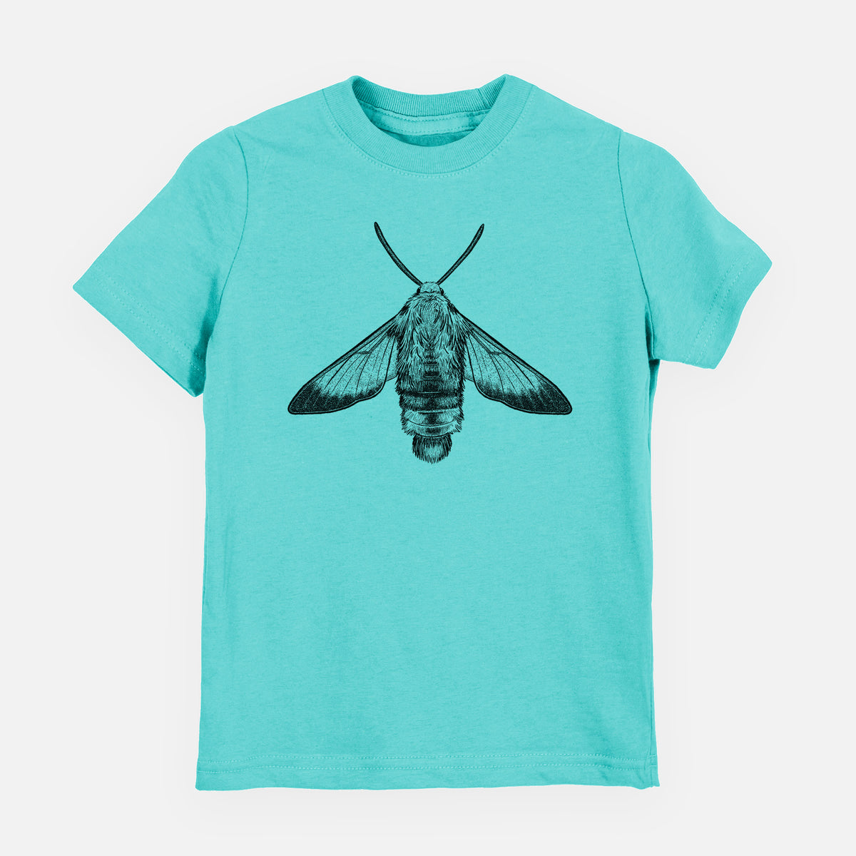 Caribbean blue youth t-shirt laid flat, printed with a detailed black ink illustration of a snowberry clearwing moth, seen from above.
