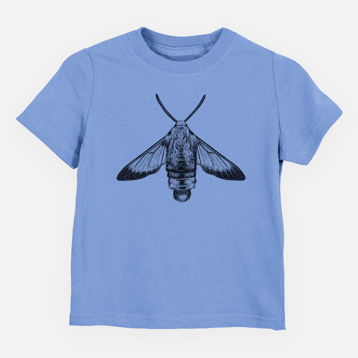 Carolina blue toddler t-shirt laid flat, printed with a detailed black ink illustration of a snowberry clearwing moth, seen from above.