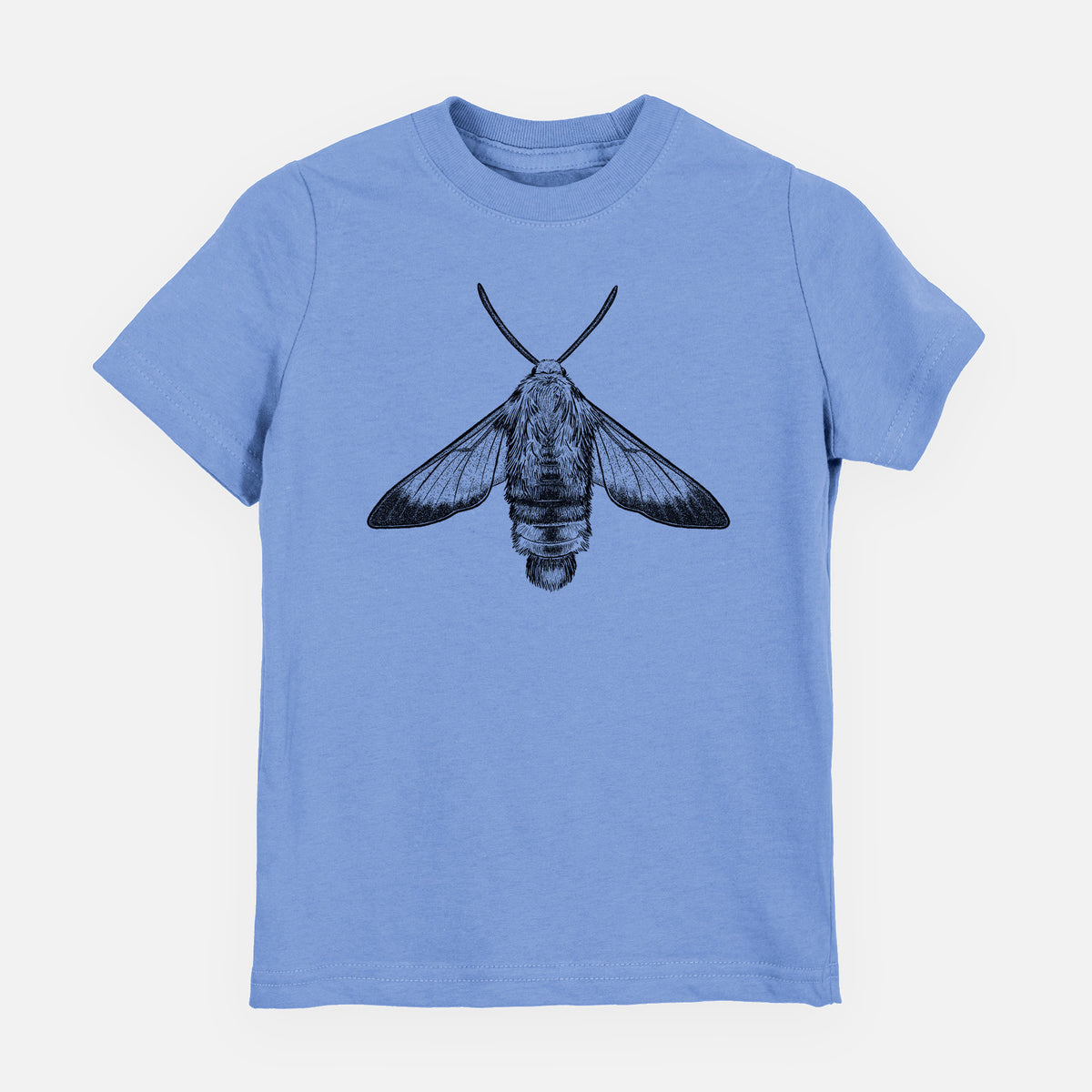 Carolina blue youth t-shirt laid flat, printed with a detailed black ink illustration of a snowberry clearwing moth, seen from above.