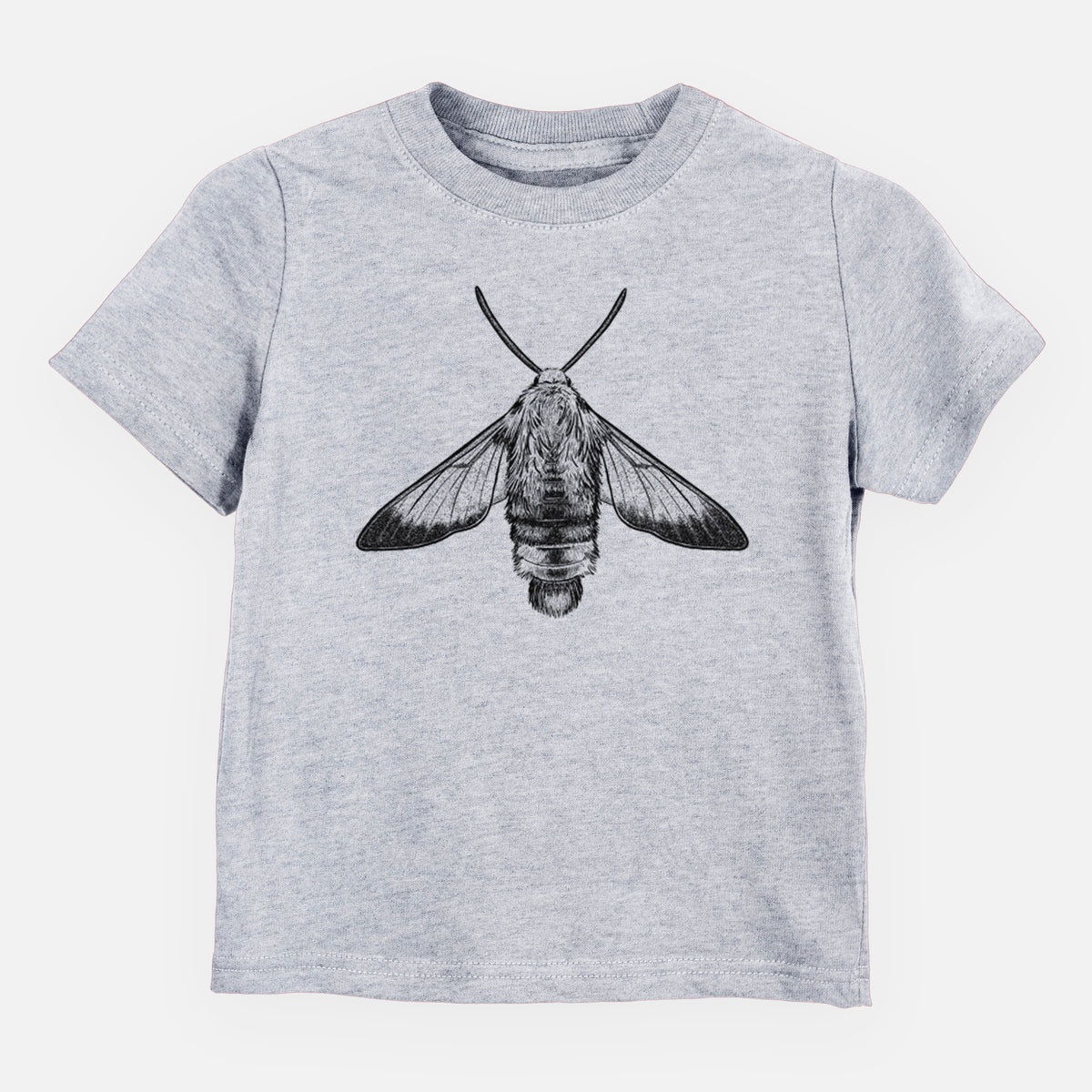 Heather grey toddler t-shirt laid flat, printed with a detailed black ink illustration of a snowberry clearwing moth, seen from above.