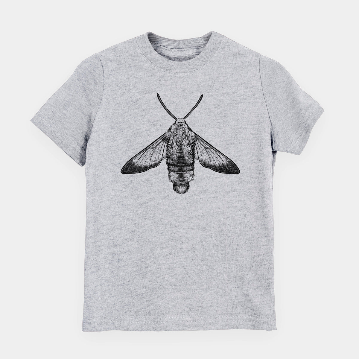 Heather grey youth t-shirt laid flat, printed with a detailed black ink illustration of a snowberry clearwing moth, seen from above.