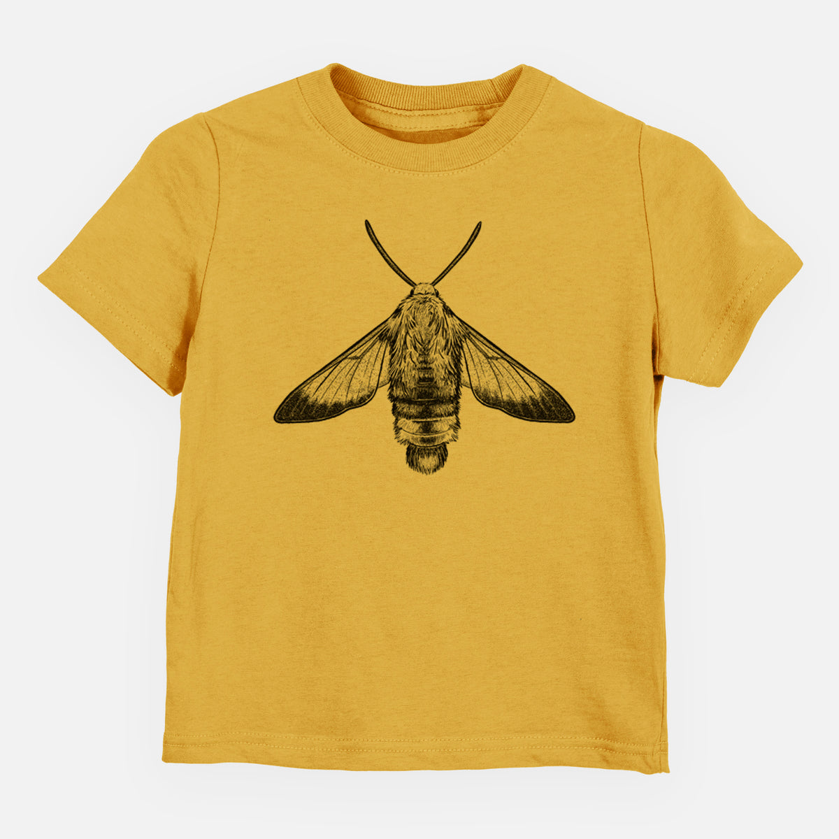 Honeycomb yellow toddler t-shirt laid flat, printed with a detailed black ink illustration of a snowberry clearwing moth, seen from above.