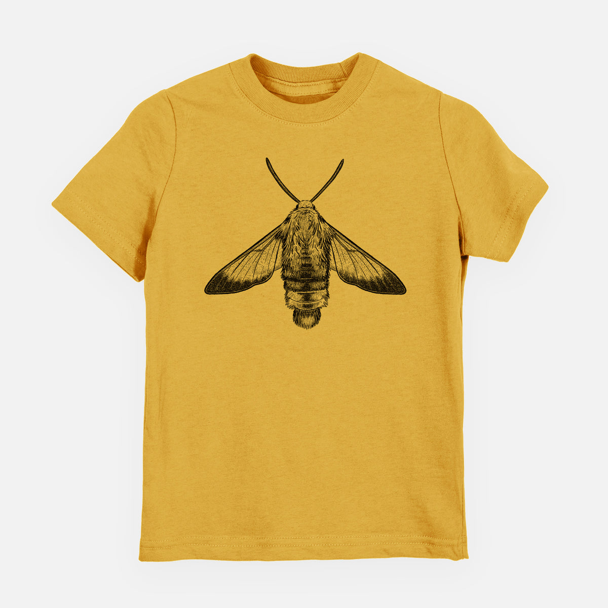 Honeycomb yellow youth t-shirt laid flat, printed with a detailed black ink illustration of a snowberry clearwing moth, seen from above.