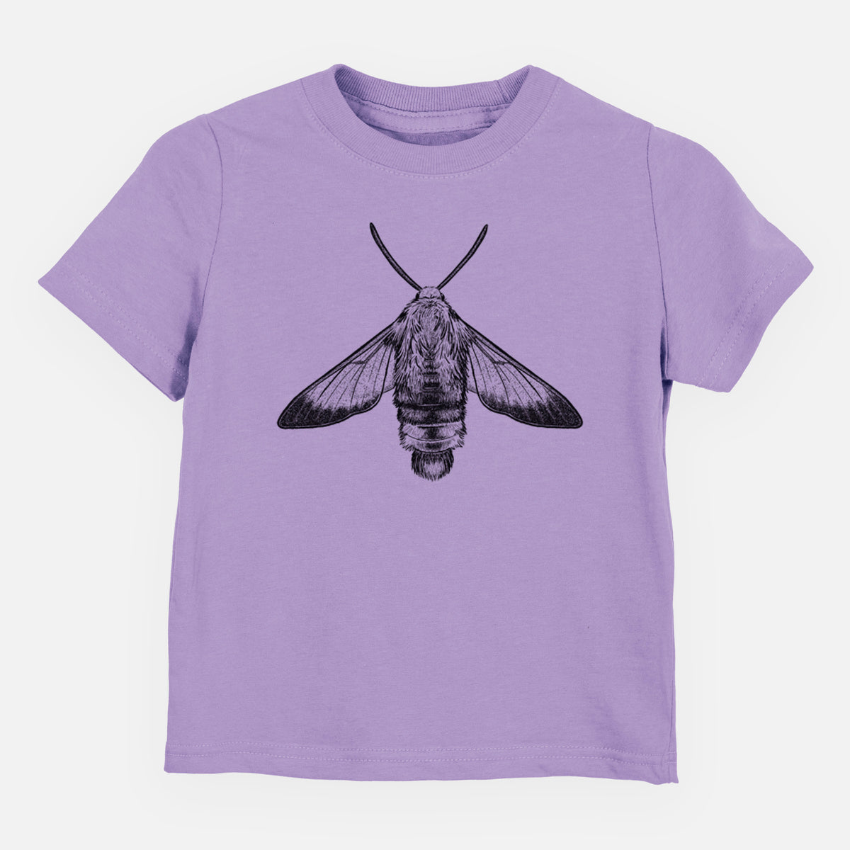 Lavender toddler t-shirt laid flat, printed with a detailed black ink illustration of a snowberry clearwing moth, seen from above.