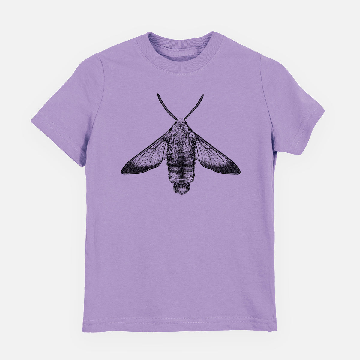Lavender youth t-shirt laid flat, printed with a detailed black ink illustration of a snowberry clearwing moth, seen from above.