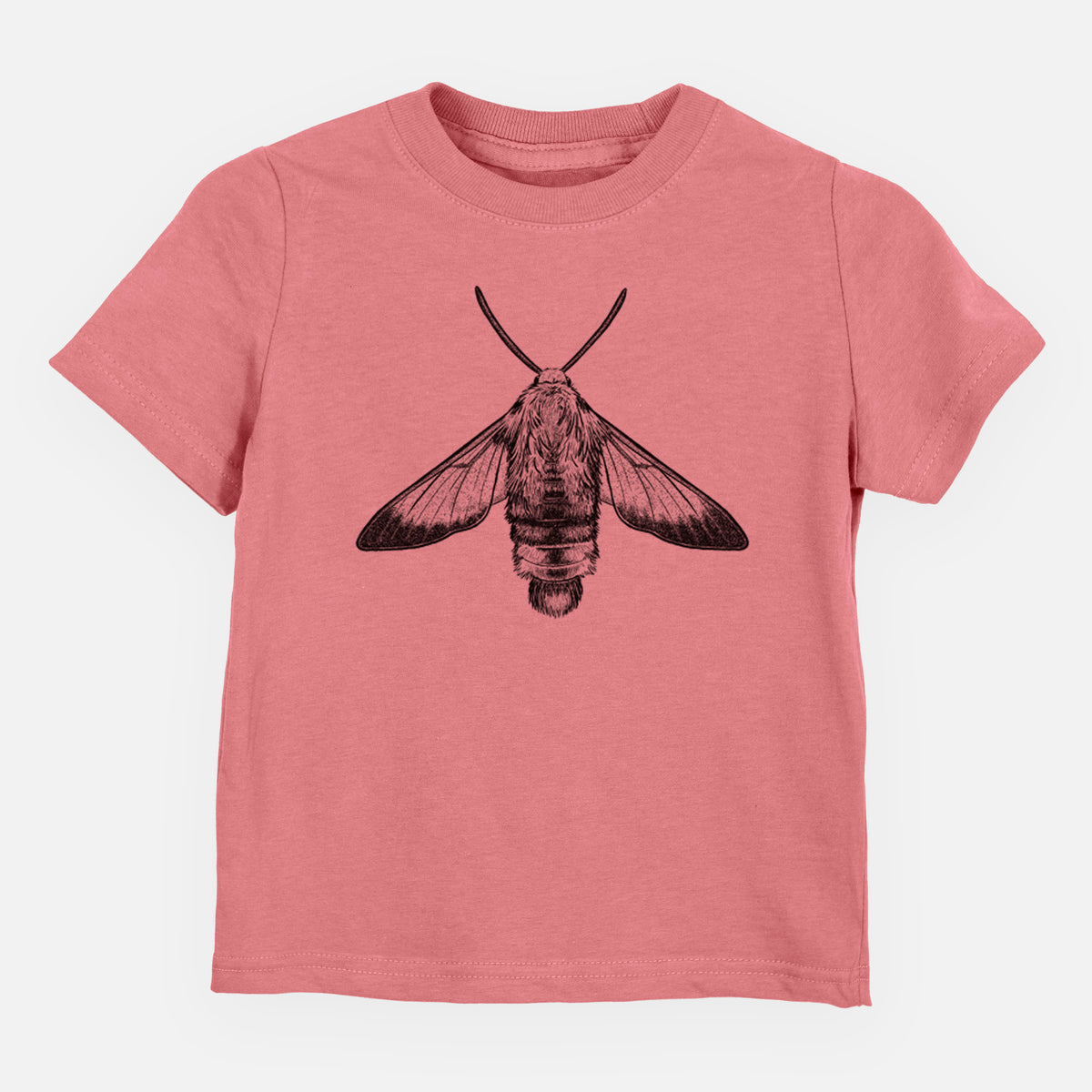 Mauve pink toddler t-shirt laid flat, printed with a detailed black ink illustration of a snowberry clearwing moth, seen from above.