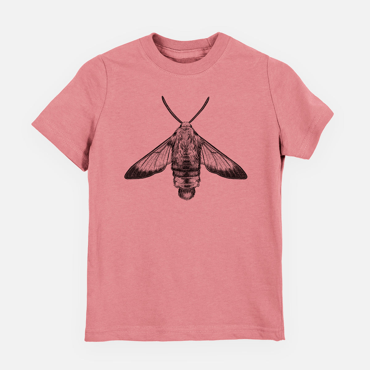 Mauve pink youth t-shirt laid flat, printed with a detailed black ink illustration of a snowberry clearwing moth, seen from above.
