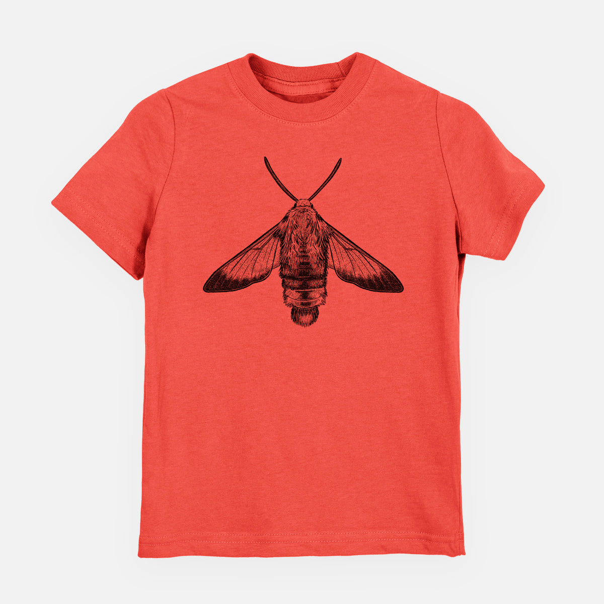 Passionfruit pink youth t-shirt laid flat, printed with a detailed black ink illustration of a snowberry clearwing moth, seen from above.