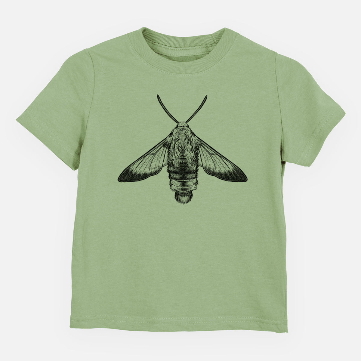 Sage green toddler t-shirt laid flat, printed with a detailed black ink illustration of a snowberry clearwing moth, seen from above.