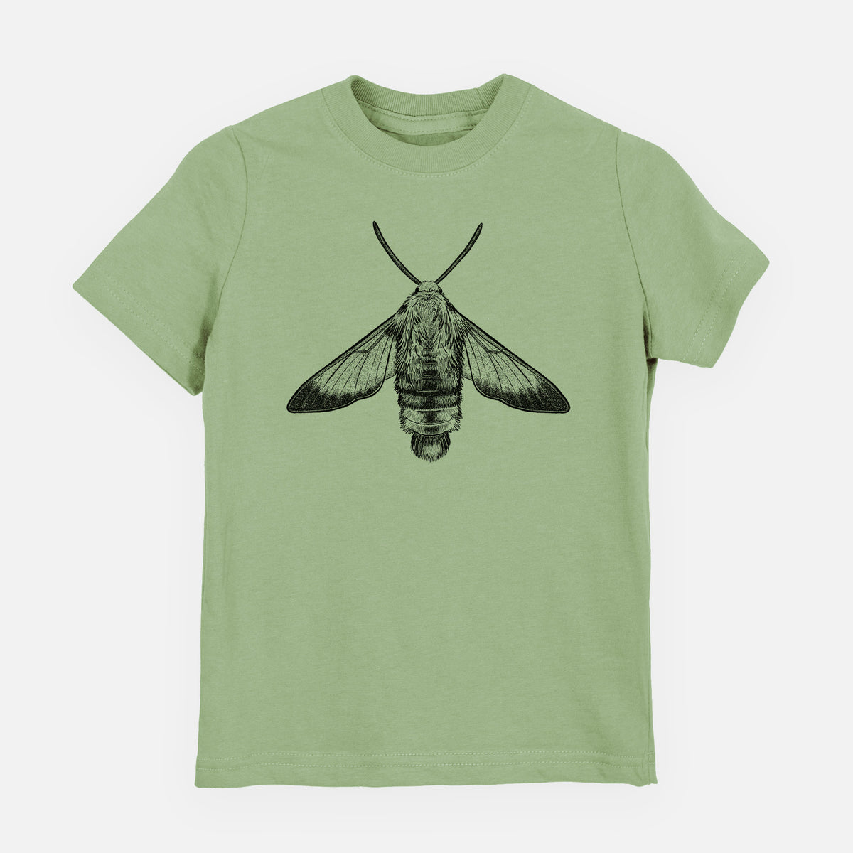 Sage green youth t-shirt laid flat, printed with a detailed black ink illustration of a snowberry clearwing moth, seen from above.
