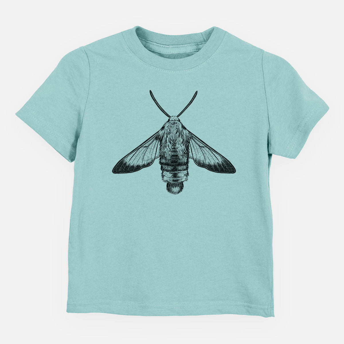 Saltwater toddler t-shirt laid flat, printed with a detailed black ink illustration of a snowberry clearwing moth, seen from above.