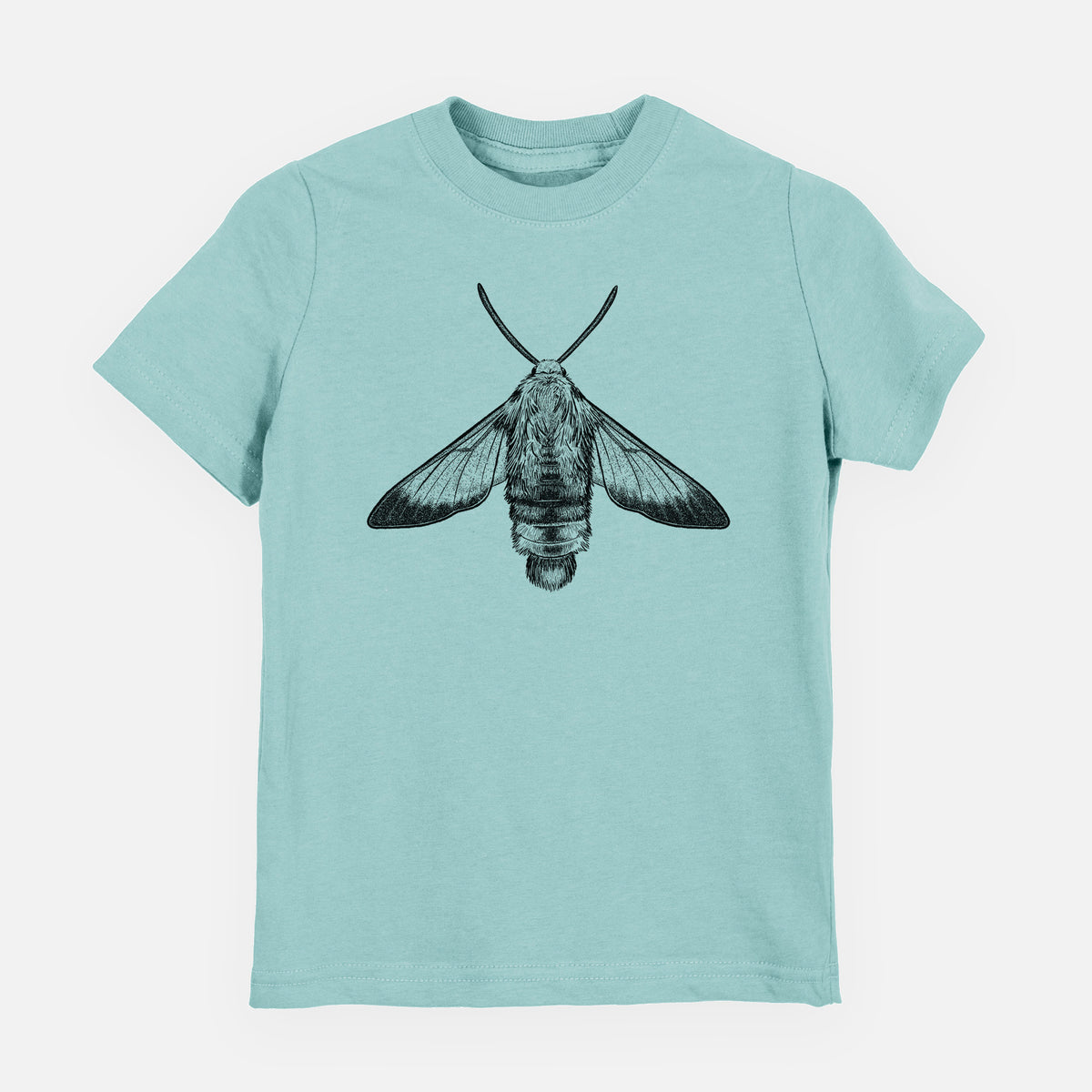 Saltwater youth t-shirt laid flat, printed with a detailed black ink illustration of a snowberry clearwing moth, seen from above.