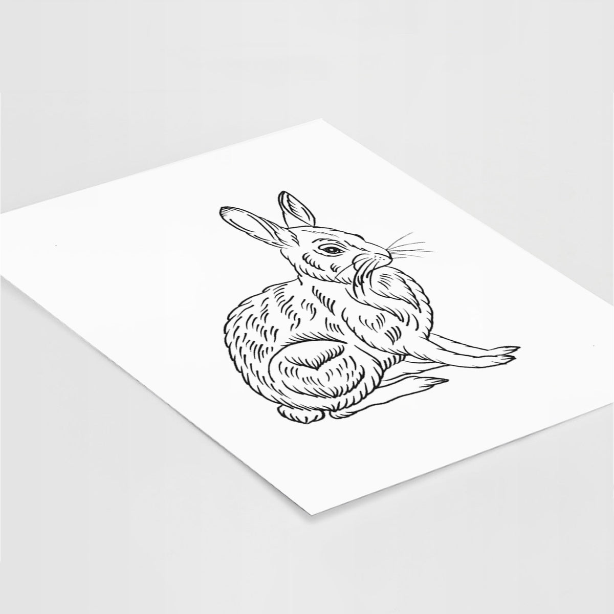 Art print of a detailed black ink illustration of a snowshoe hare sitting upright, lying at an angle on a white surface.