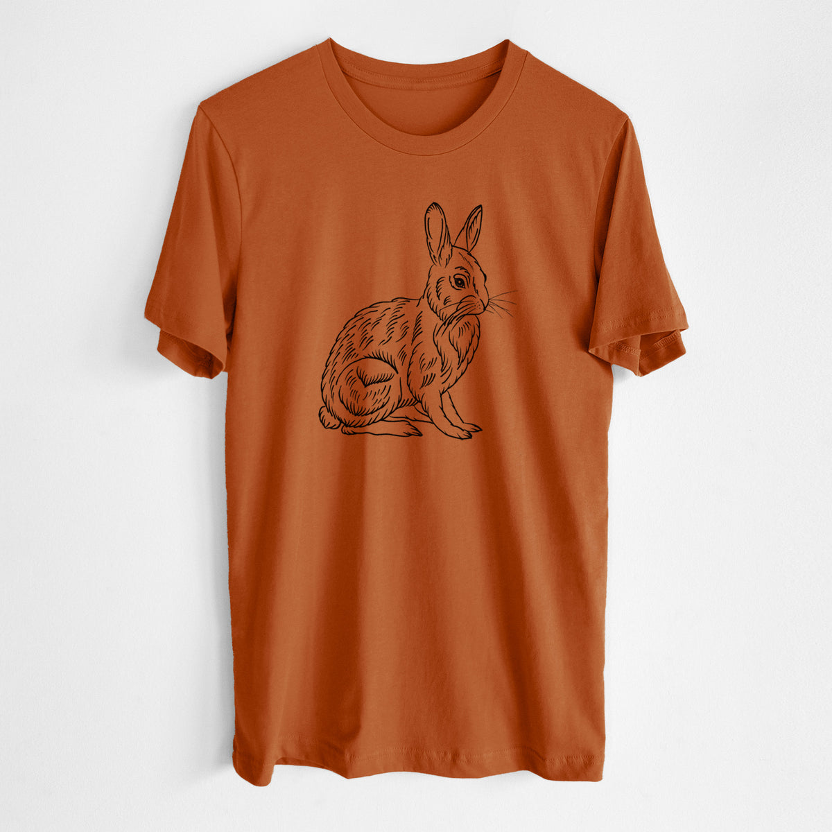 Autumn lightweight cotton t-shirt laid flat, printed with a detailed black ink illustration of a snowshoe hare sitting upright.