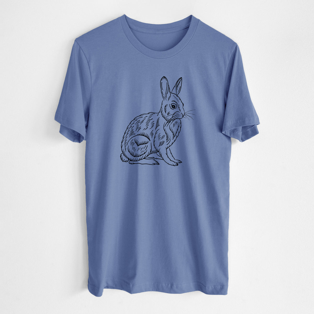 Blue bell lightweight cotton t-shirt laid flat, printed with a detailed black ink illustration of a snowshoe hare sitting upright.
