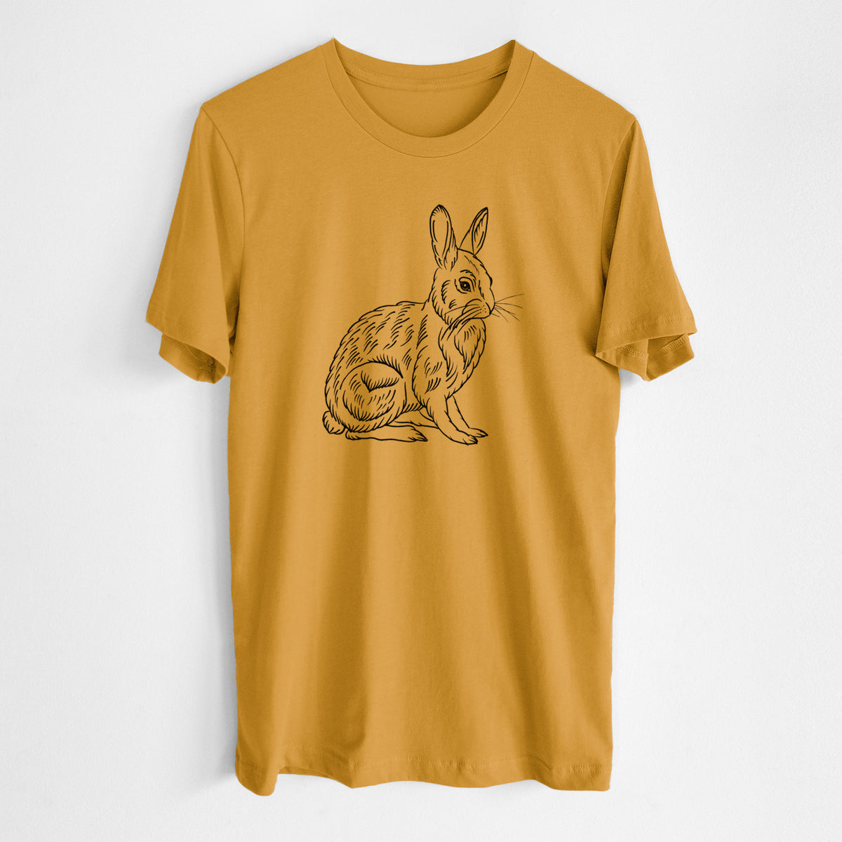 Honeycomb yellow lightweight cotton t-shirt laid flat, printed with a detailed black ink illustration of a snowshoe hare sitting upright.