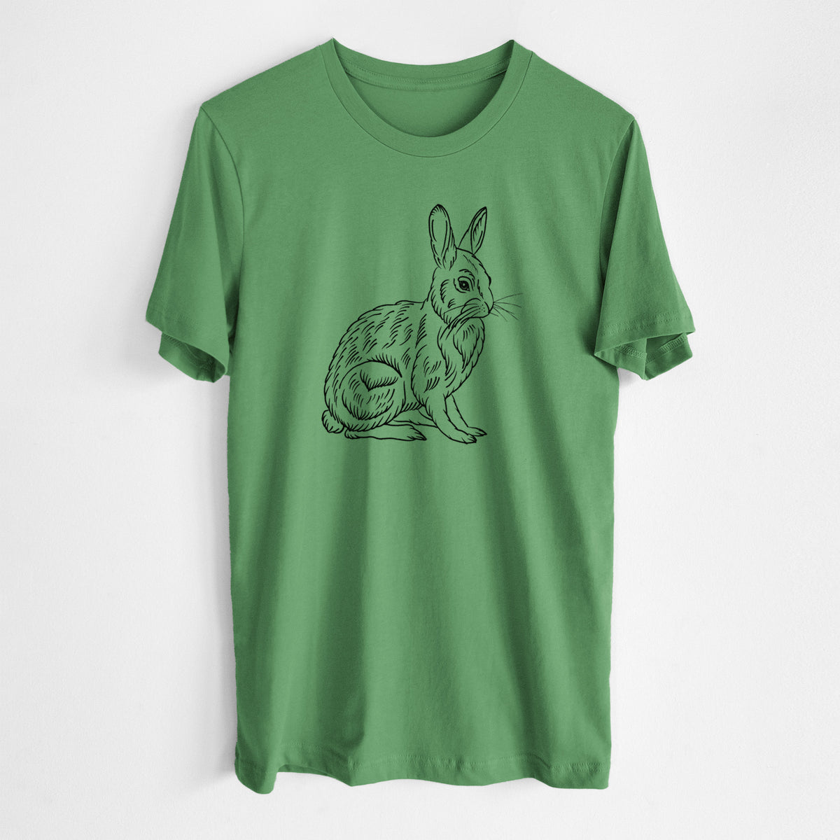 Leaf green lightweight cotton t-shirt laid flat, printed with a detailed black ink illustration of a snowshoe hare sitting upright.
