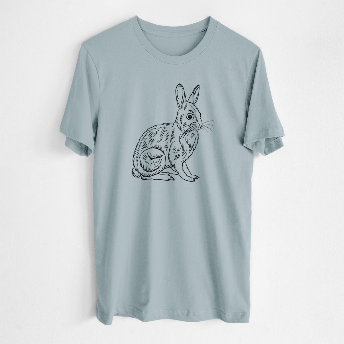 Vintage denim lightweight cotton t-shirt laid flat, printed with a detailed black ink illustration of a snowshoe hare sitting upright.