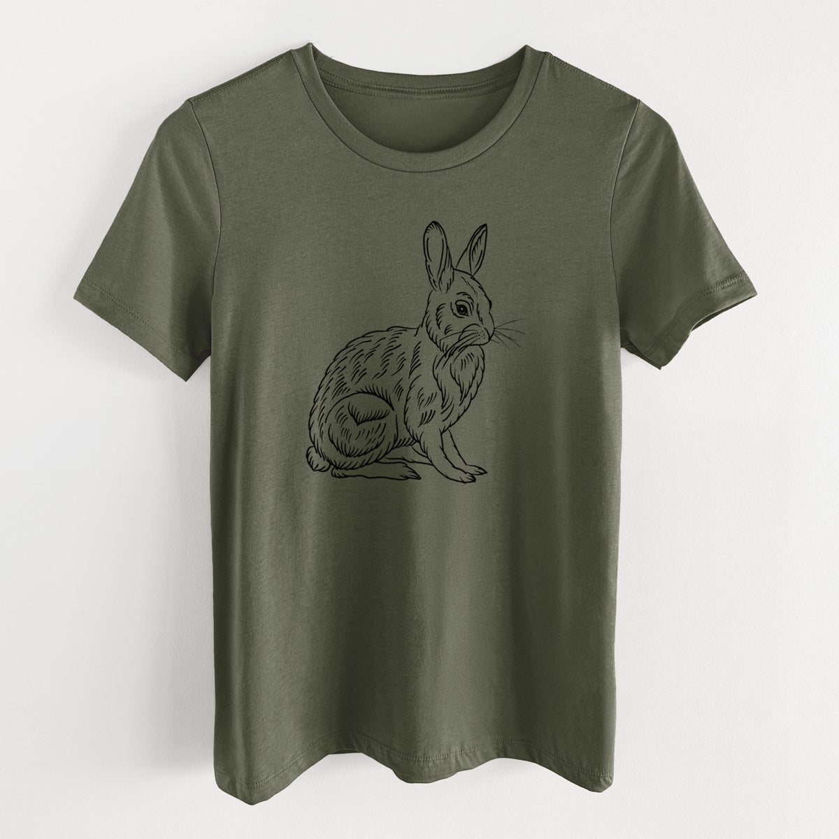 Military green women's relaxed fit cotton t-shirt laid flat, printed with a detailed black ink illustration of a snowshoe hare sitting upright.