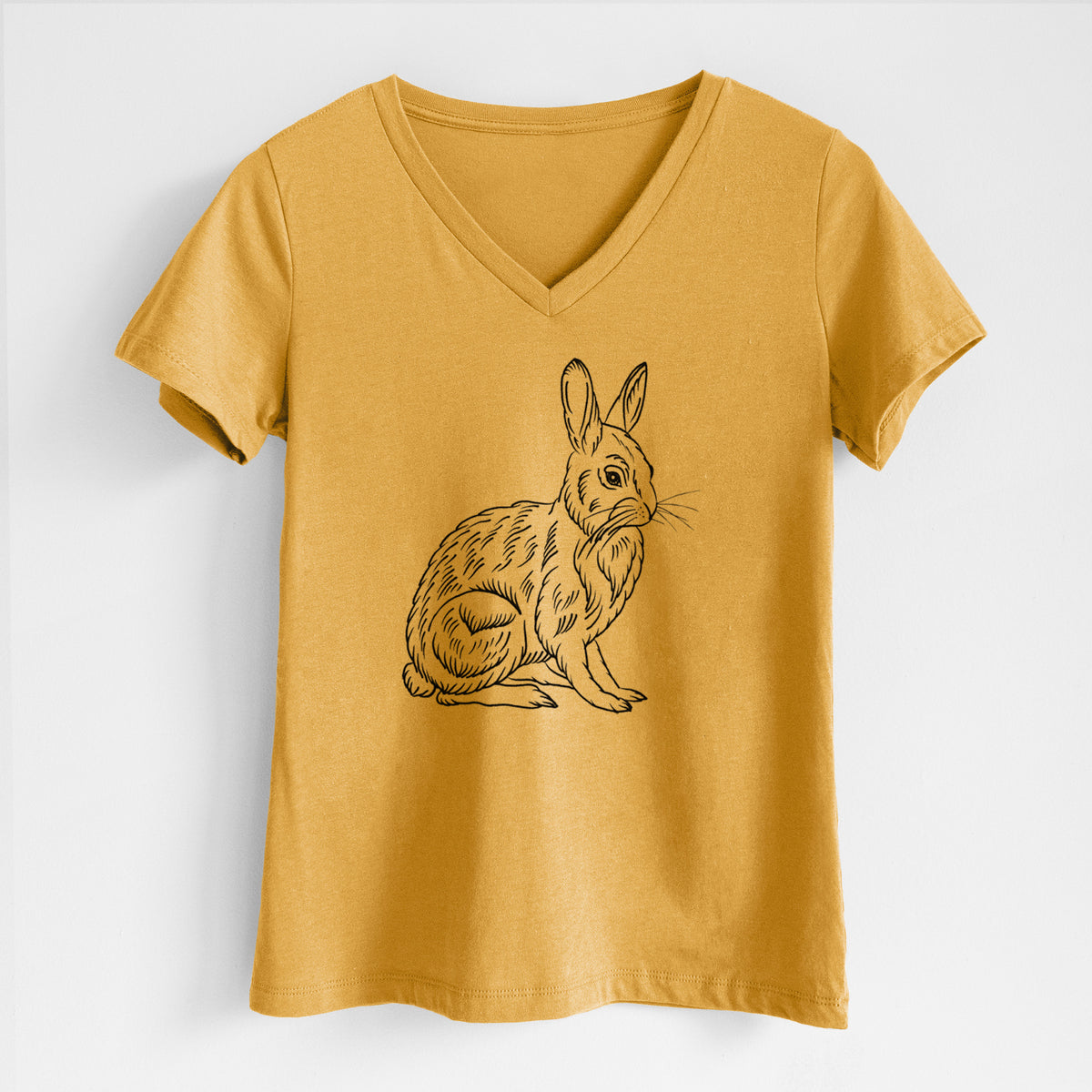 Honeycomb yellow women's relaxed fit cotton V-neck t-shirt laid flat, printed with a detailed black ink illustration of a snowshoe hare sitting upright.