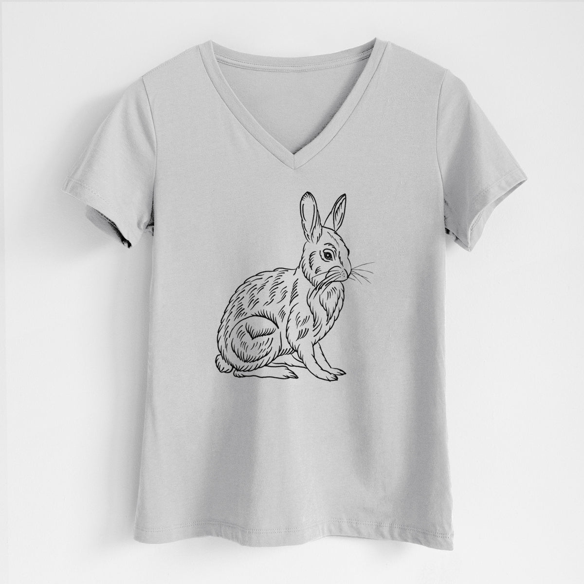 Lunar grey women's relaxed fit cotton V-neck t-shirt laid flat, printed with a detailed black ink illustration of a snowshoe hare sitting upright.