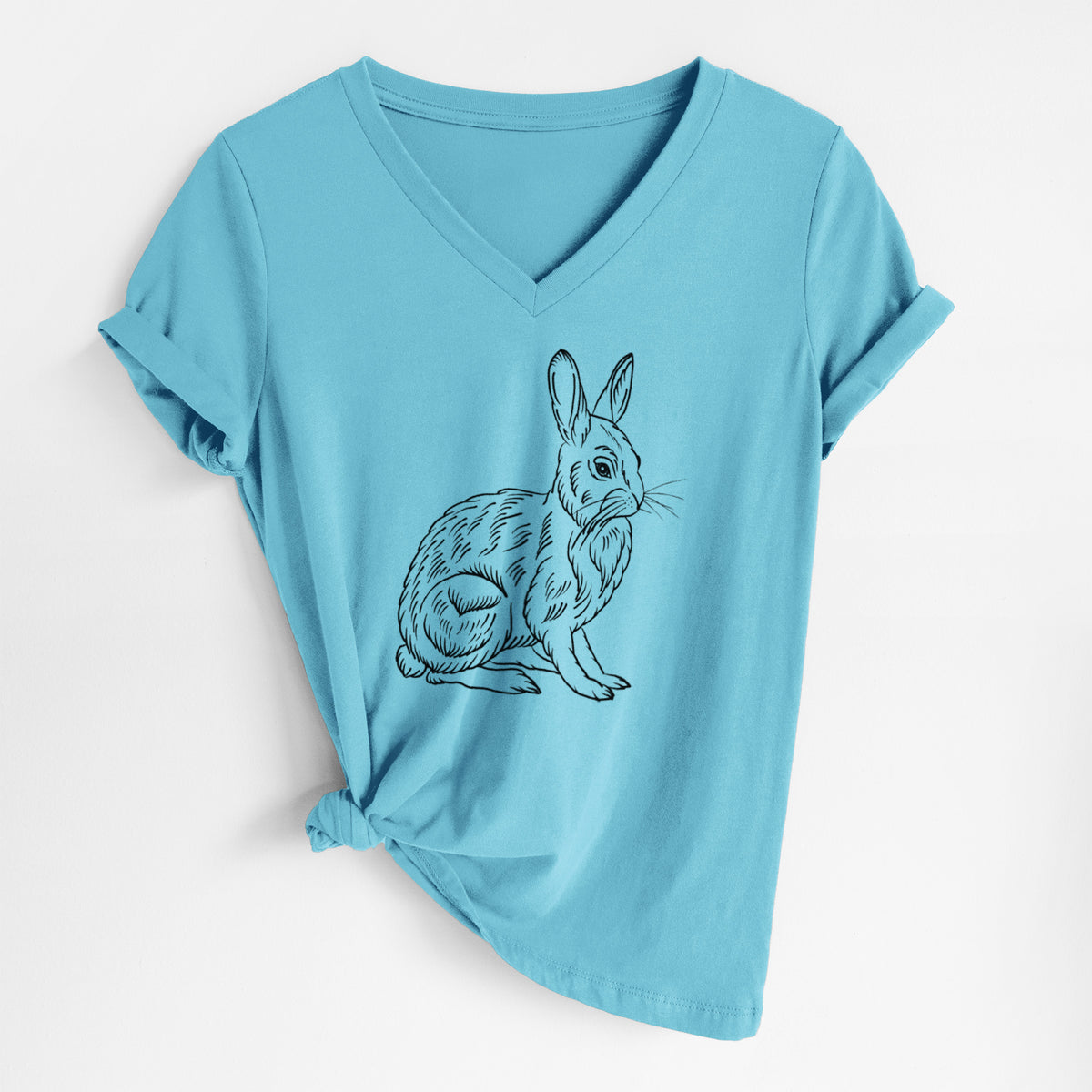 Turquoise women's relaxed fit cotton V-neck t-shirt laid flat, printed with a detailed black ink illustration of a snowshoe hare sitting upright.