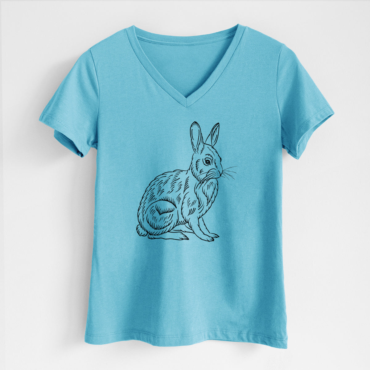 Turquoise women's relaxed fit cotton V-neck t-shirt laid flat, printed with a detailed black ink illustration of a snowshoe hare sitting upright.