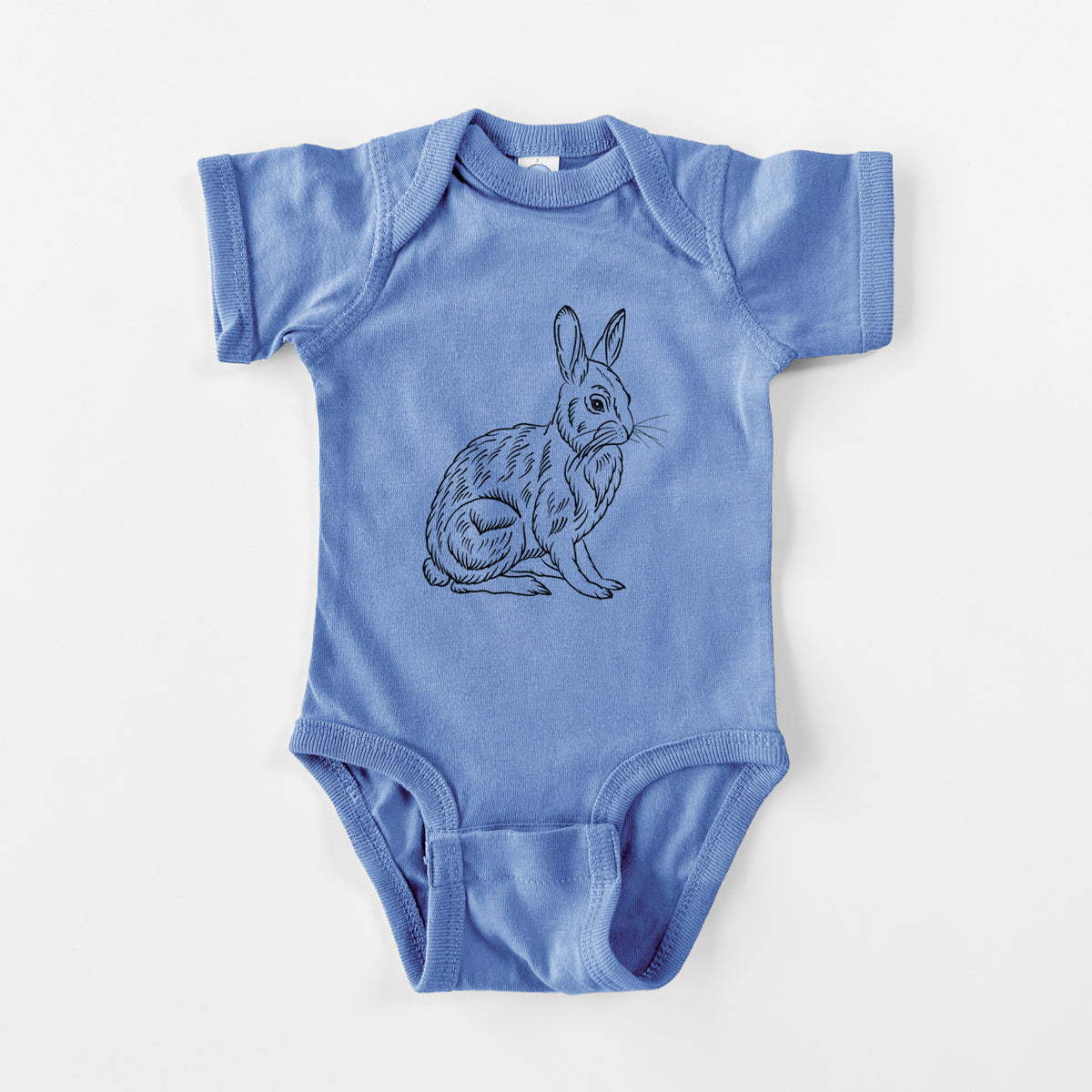 Carolina blue baby bodysuit laid flat, printed with a detailed black ink illustration of a snowshoe hare sitting upright.