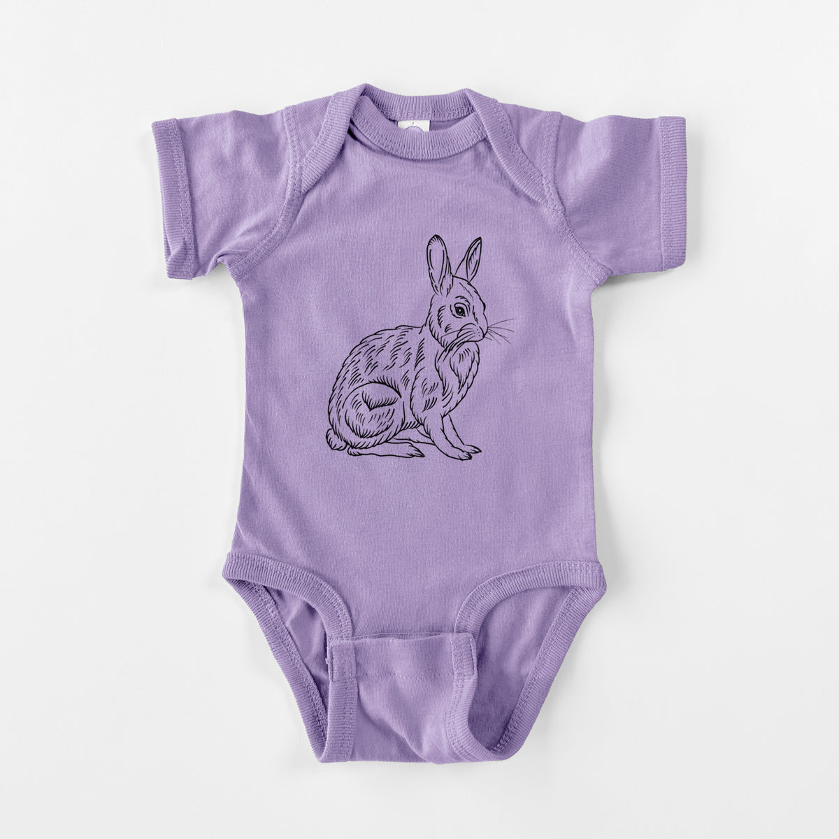 Lavender baby bodysuit laid flat, printed with a detailed black ink illustration of a snowshoe hare sitting upright.
