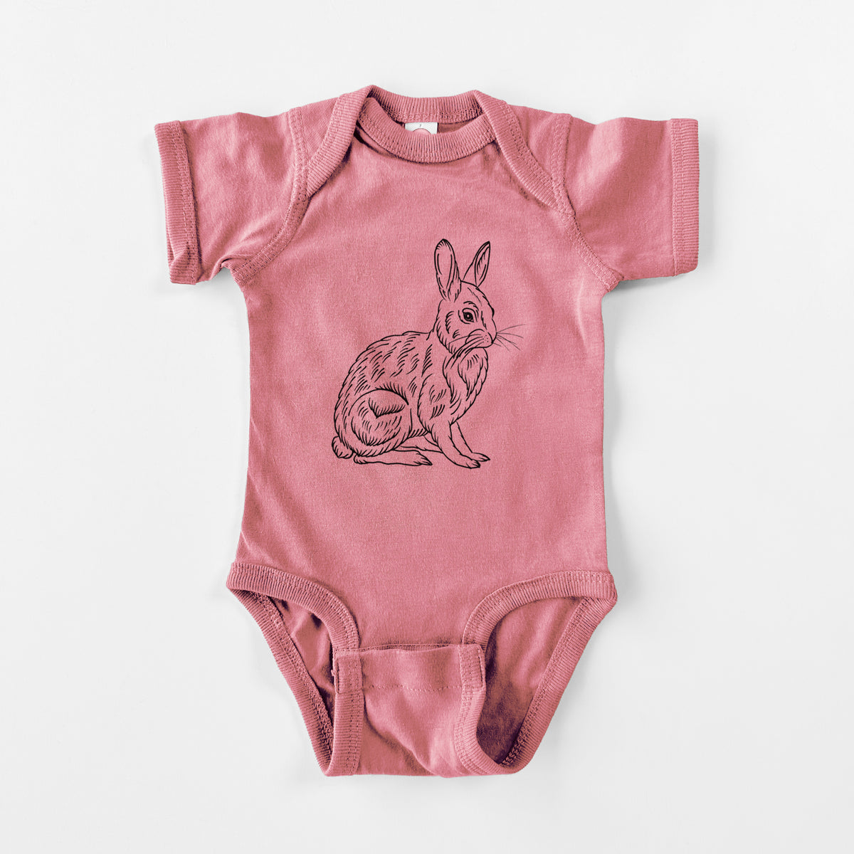 Mauve pink baby bodysuit laid flat, printed with a detailed black ink illustration of a snowshoe hare sitting upright.