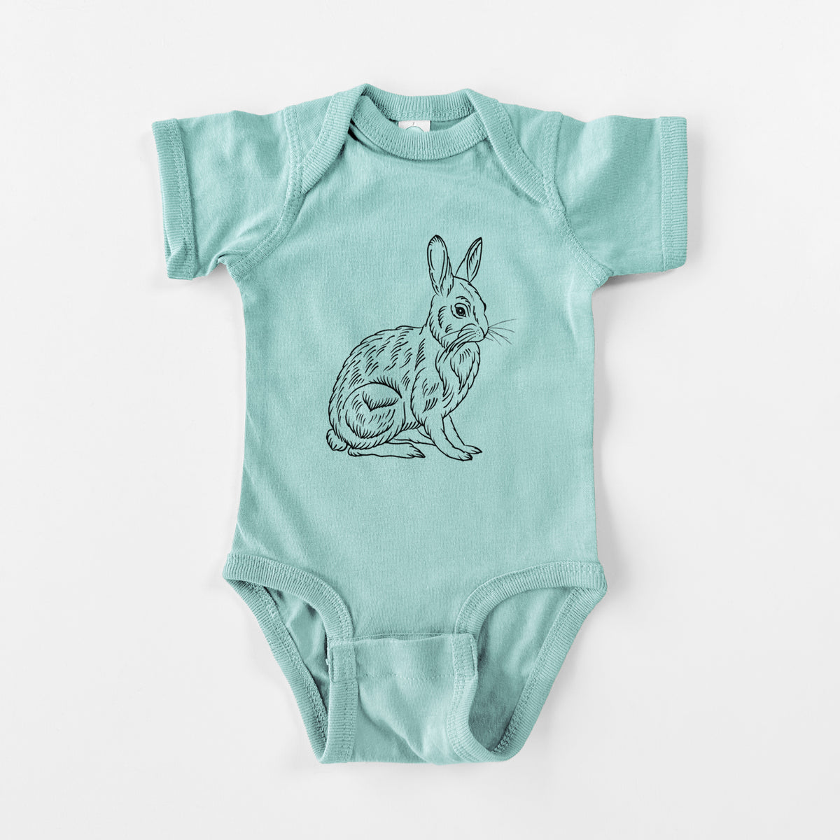 Saltwater baby bodysuit laid flat, printed with a detailed black ink illustration of a snowshoe hare sitting upright.