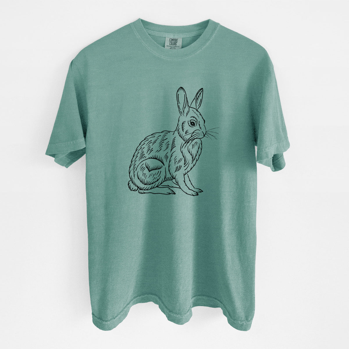 Reef green Comfort Colors t-shirt laid flat, printed with a detailed black ink illustration of a snowshoe hare sitting upright.