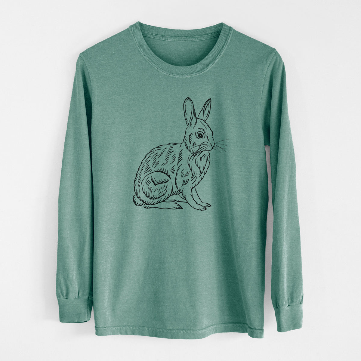 Pine green Comfort Colors long sleeve shirt laid flat, printed with a detailed black ink illustration of a snowshoe hare sitting upright.