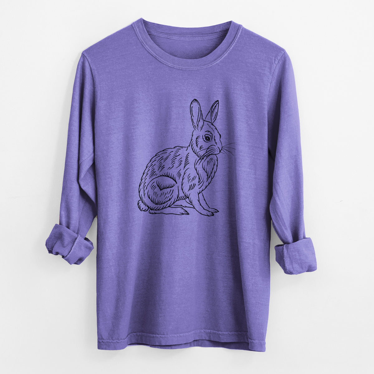 Violet purple Comfort Colors long sleeve shirt laid flat with the cuffs rolled, printed with a detailed black ink illustration of a snowshoe hare sitting upright.