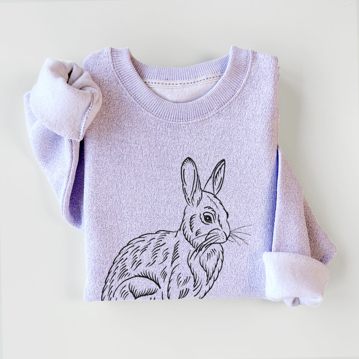 Ice purple knit sweatshirt printed with a detailed black ink illustration of a snowshoe hare sitting upright, styled flat.