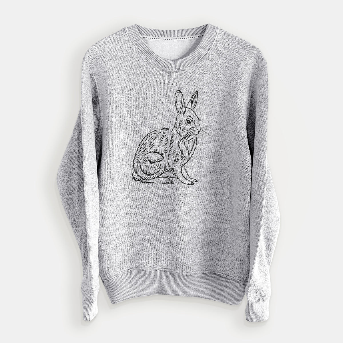 Salt and pepper knit sweatshirt laid flat, printed with a detailed black ink illustration of a snowshoe hare sitting upright.