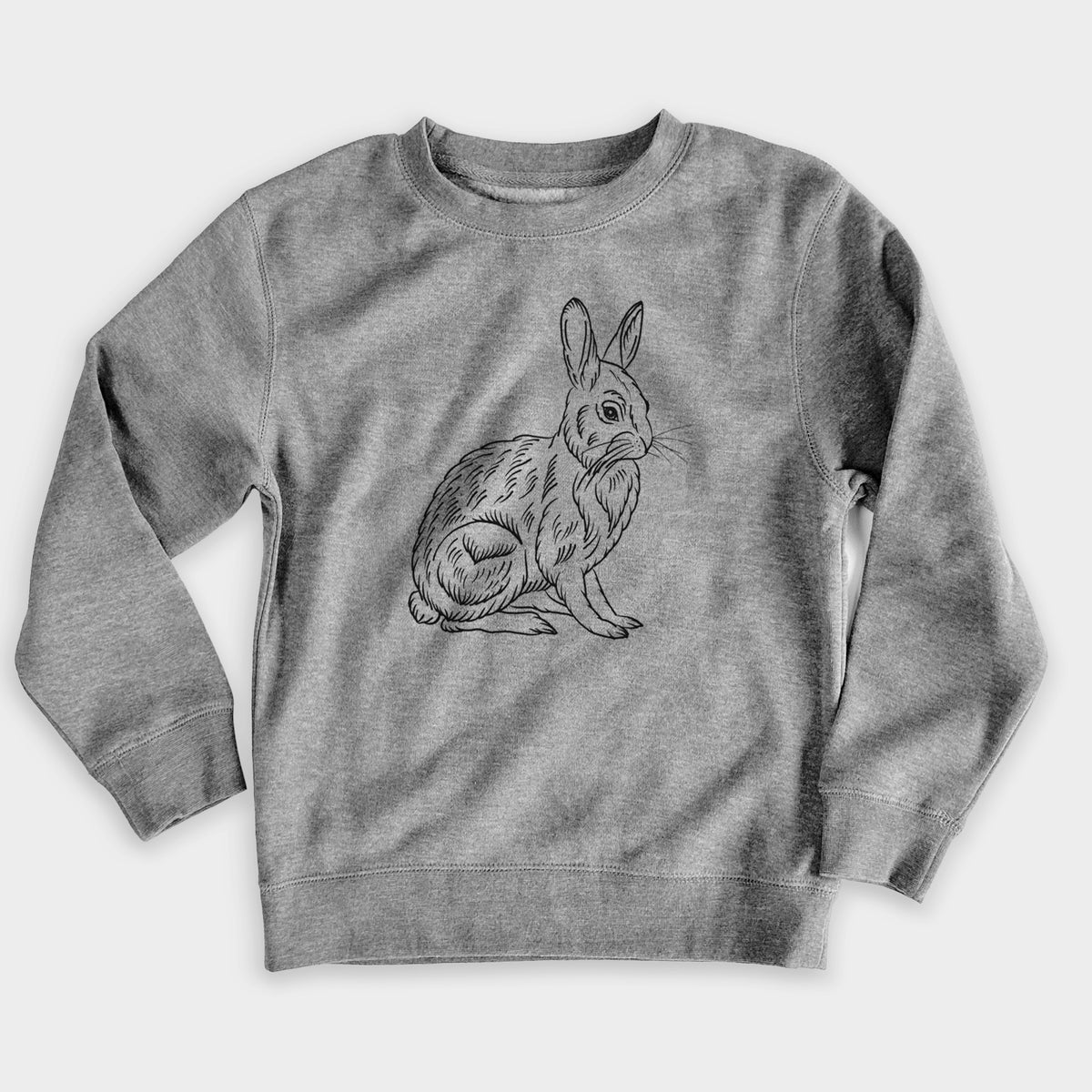 Nickel grey youth crewneck sweatshirt laid flat, printed with a detailed black ink illustration of a snowshoe hare sitting upright.