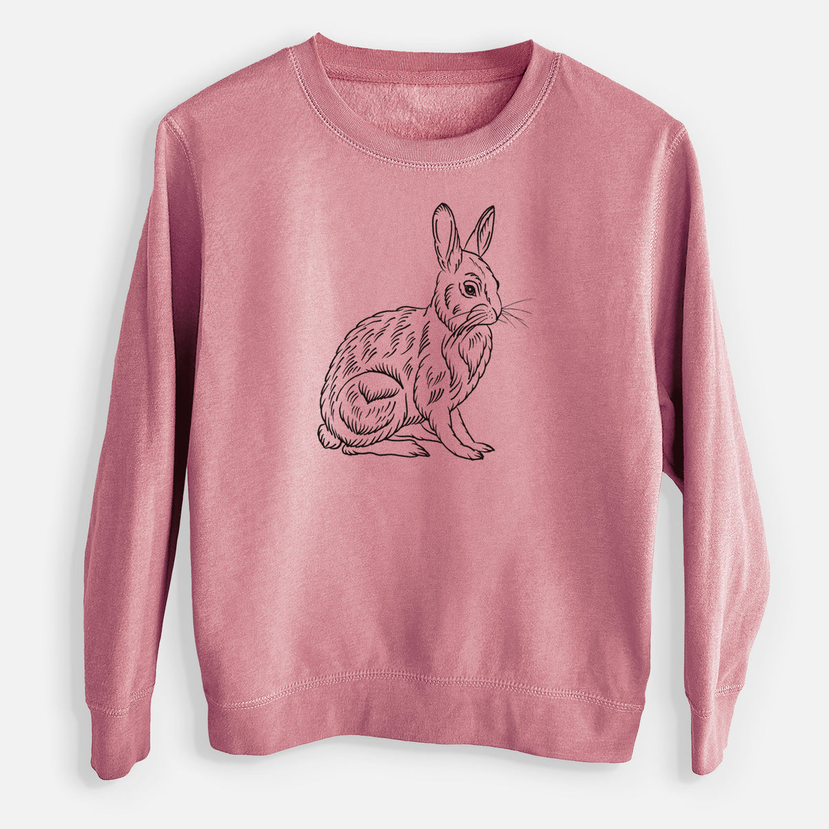 Mauve pink youth crewneck sweatshirt laid flat, printed with a detailed black ink illustration of a snowshoe hare sitting upright.