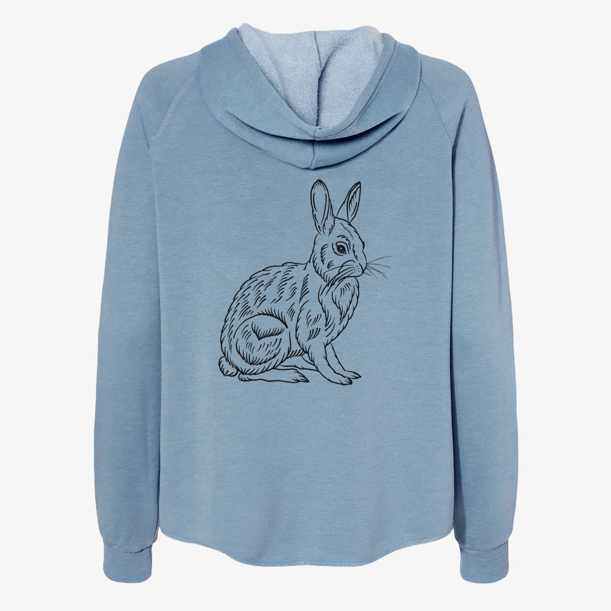 Misty blue women's Cali Wave zip-up sweatshirt laid flat, printed with a detailed black ink illustration of a snowshoe hare sitting upright.