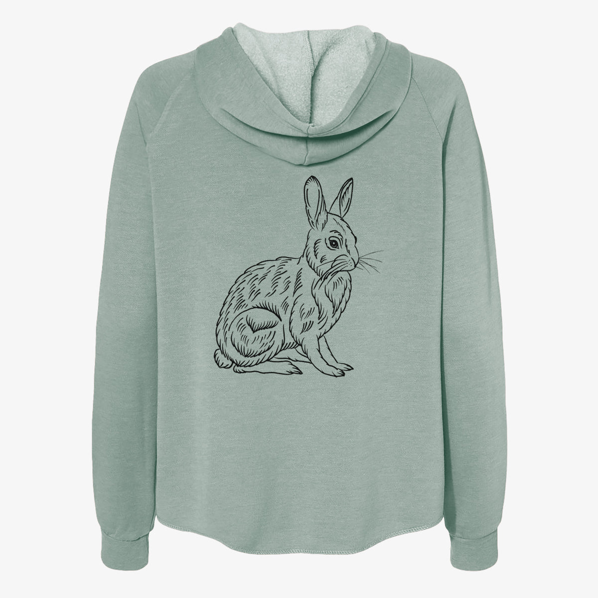 Sage green women's Cali Wave zip-up sweatshirt laid flat, printed with a detailed black ink illustration of a snowshoe hare sitting upright.