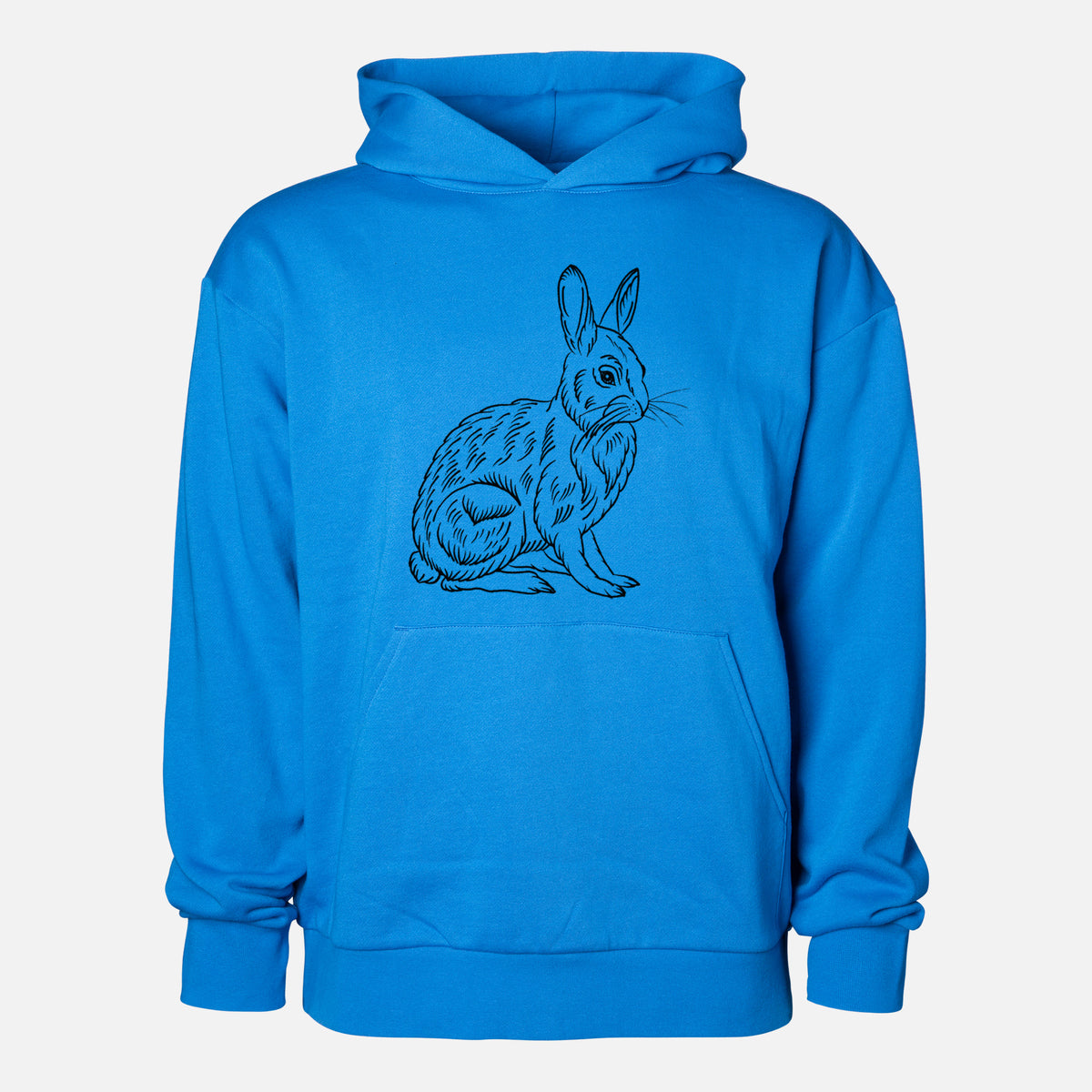 Snoeshoe Hare - Statement Midweight Hoodie in Azure Blue, shown from the front with the design printed on the chest above a front kangaroo pocket.