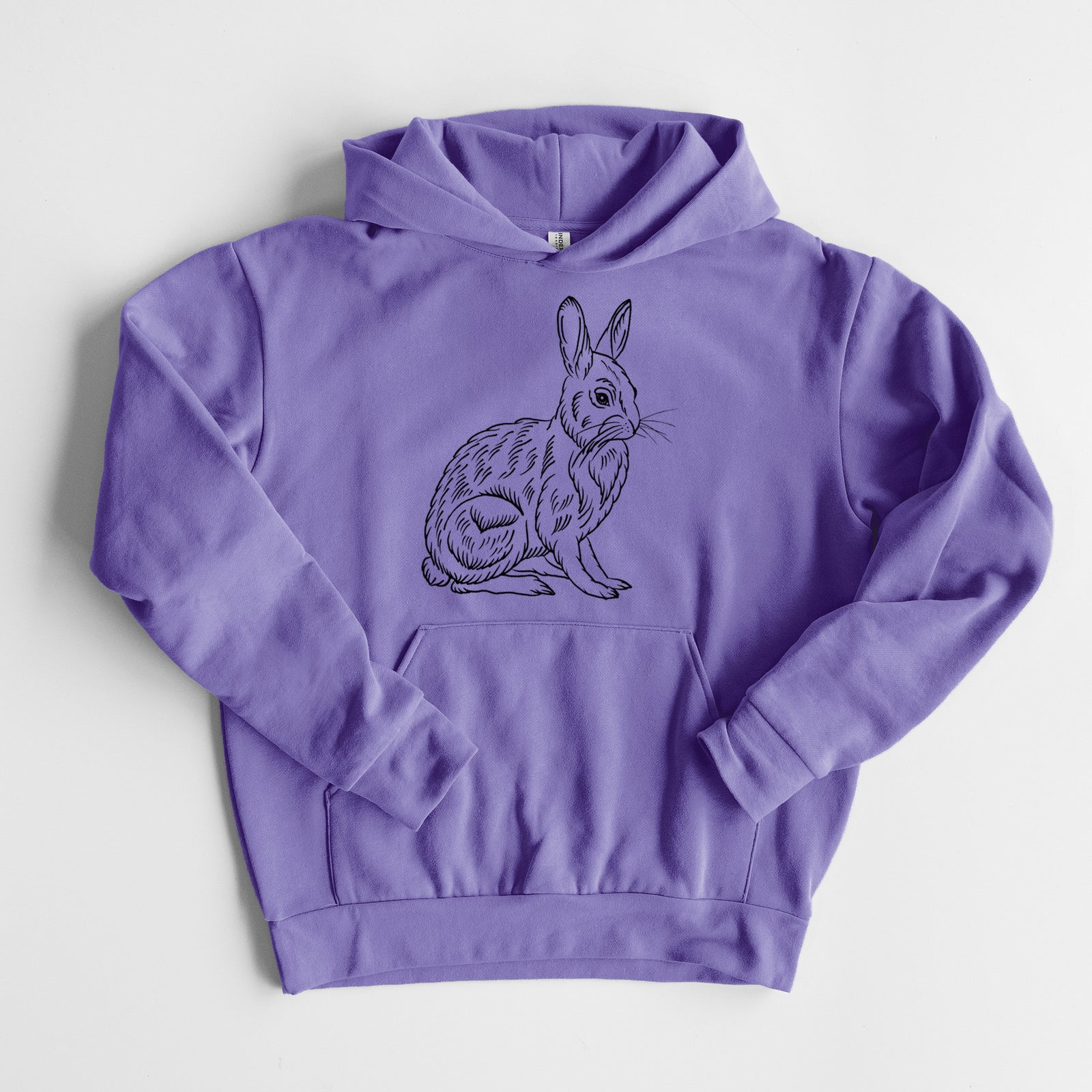 Snoeshoe Hare - Statement Midweight Hoodie in Violet, laid flat, showing the oversized boxy fit and front kangaroo pocket.