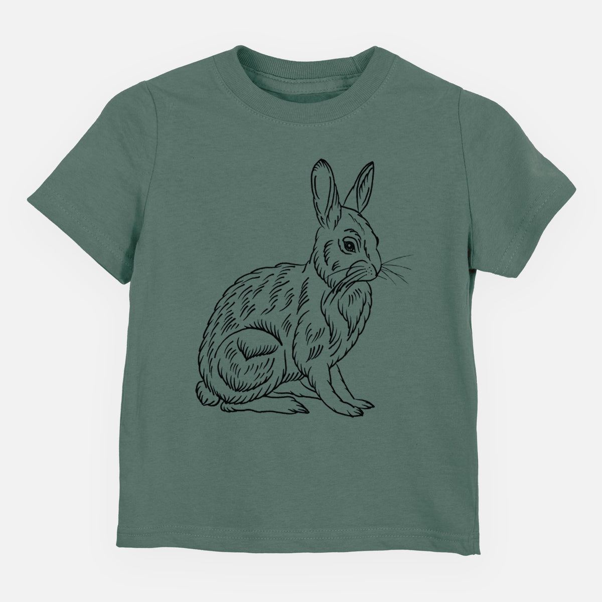 Basil green toddler t-shirt laid flat, printed with a detailed black ink illustration of a snowshoe hare sitting upright.