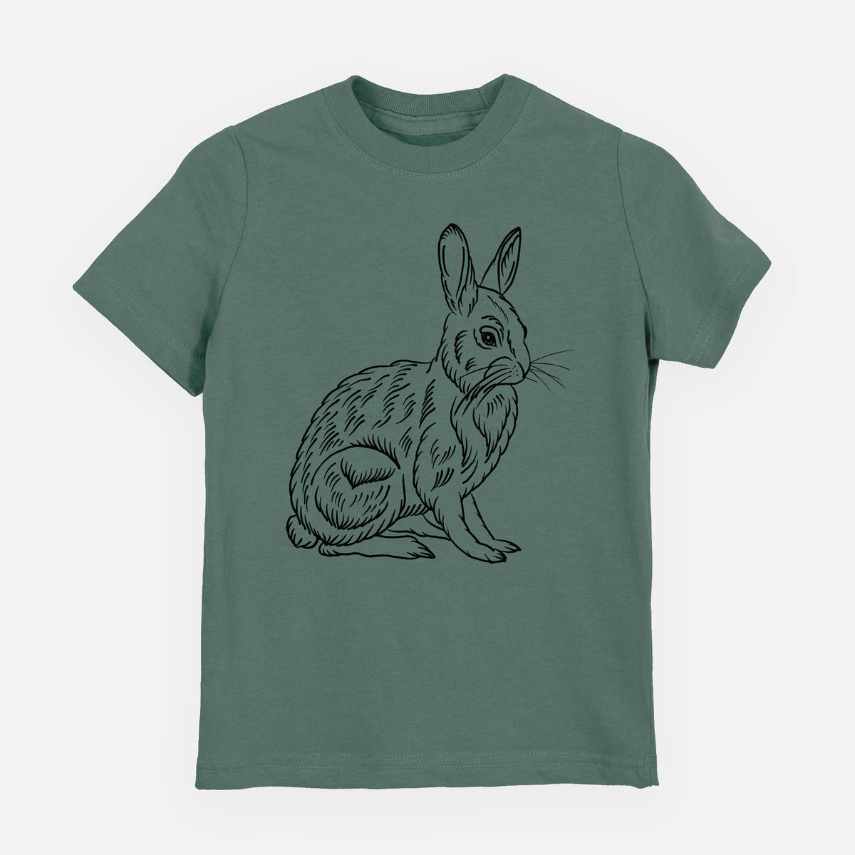 Basil green youth t-shirt laid flat, printed with a detailed black ink illustration of a snowshoe hare sitting upright.