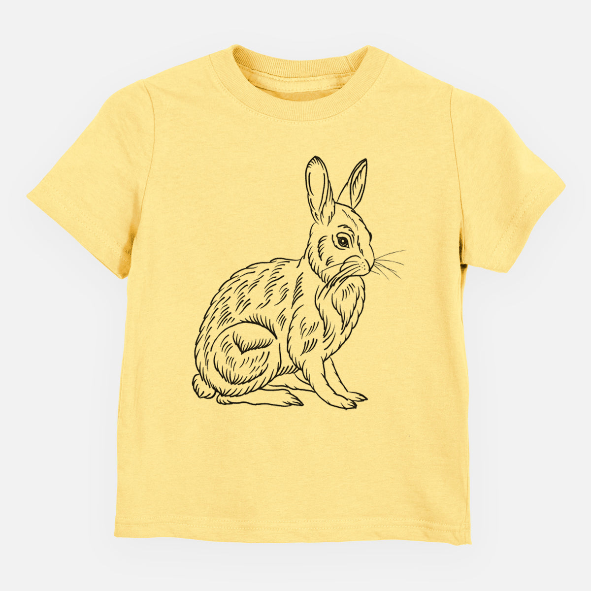 Butter yellow toddler t-shirt laid flat, printed with a detailed black ink illustration of a snowshoe hare sitting upright.