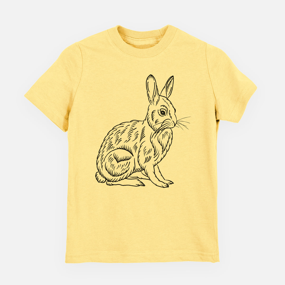 Butter yellow youth t-shirt laid flat, printed with a detailed black ink illustration of a snowshoe hare sitting upright.