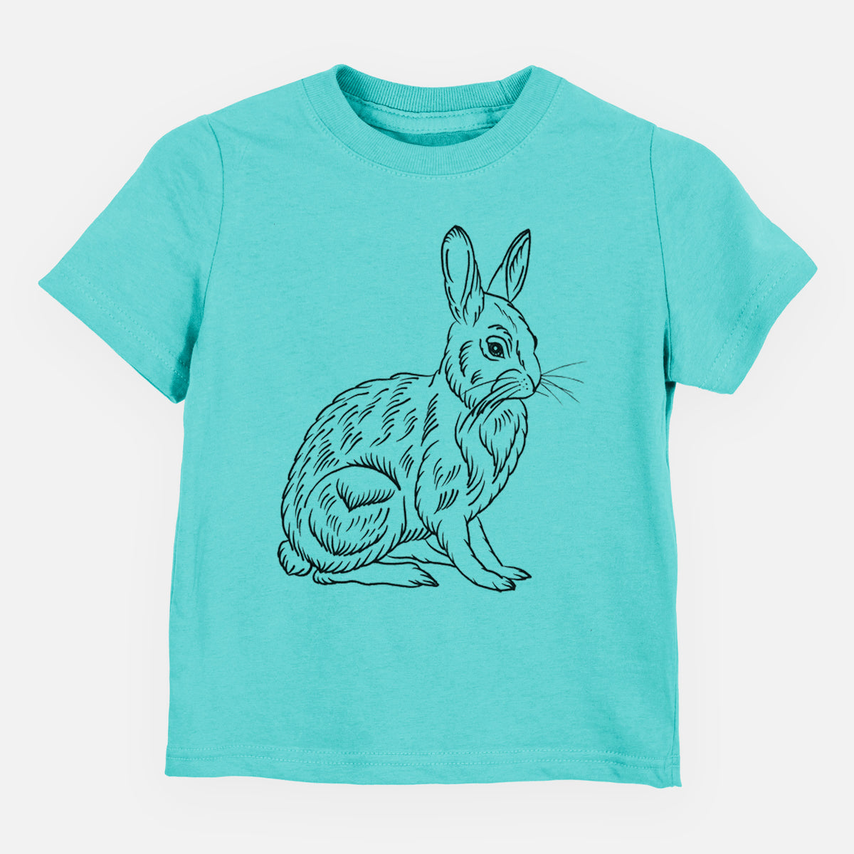 Caribbean blue toddler t-shirt laid flat, printed with a detailed black ink illustration of a snowshoe hare sitting upright.