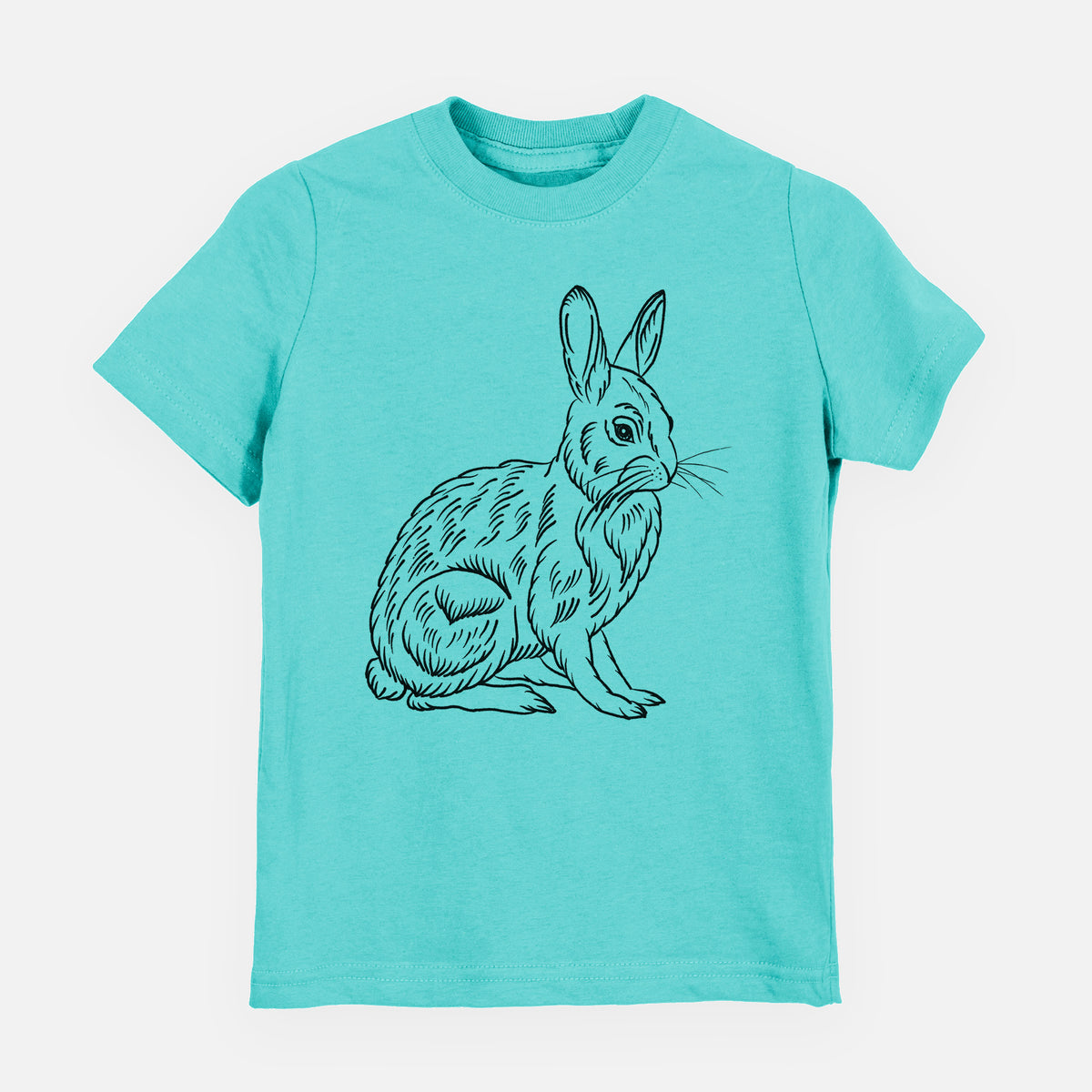 Caribbean blue youth t-shirt laid flat, printed with a detailed black ink illustration of a snowshoe hare sitting upright.