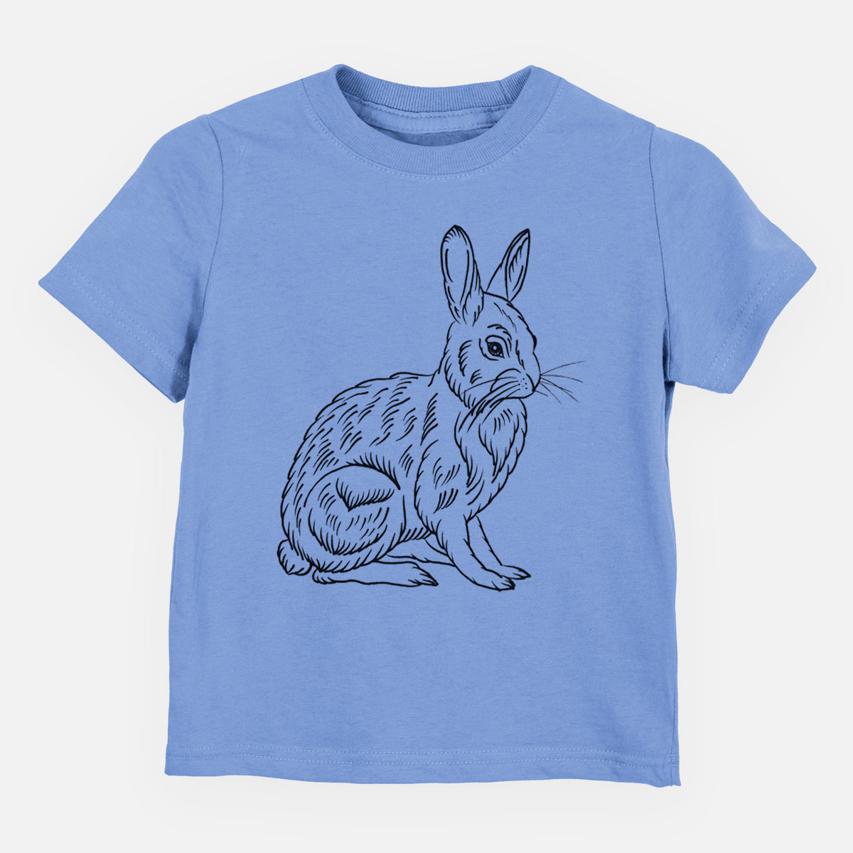 Carolina blue toddler t-shirt laid flat, printed with a detailed black ink illustration of a snowshoe hare sitting upright.